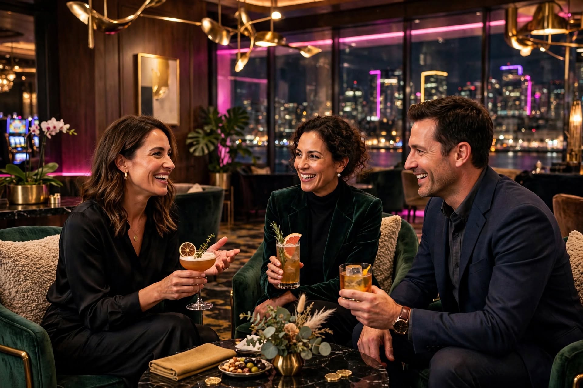 Sophisticated travelers enjoying an executive lounge in a Canadian casino resort