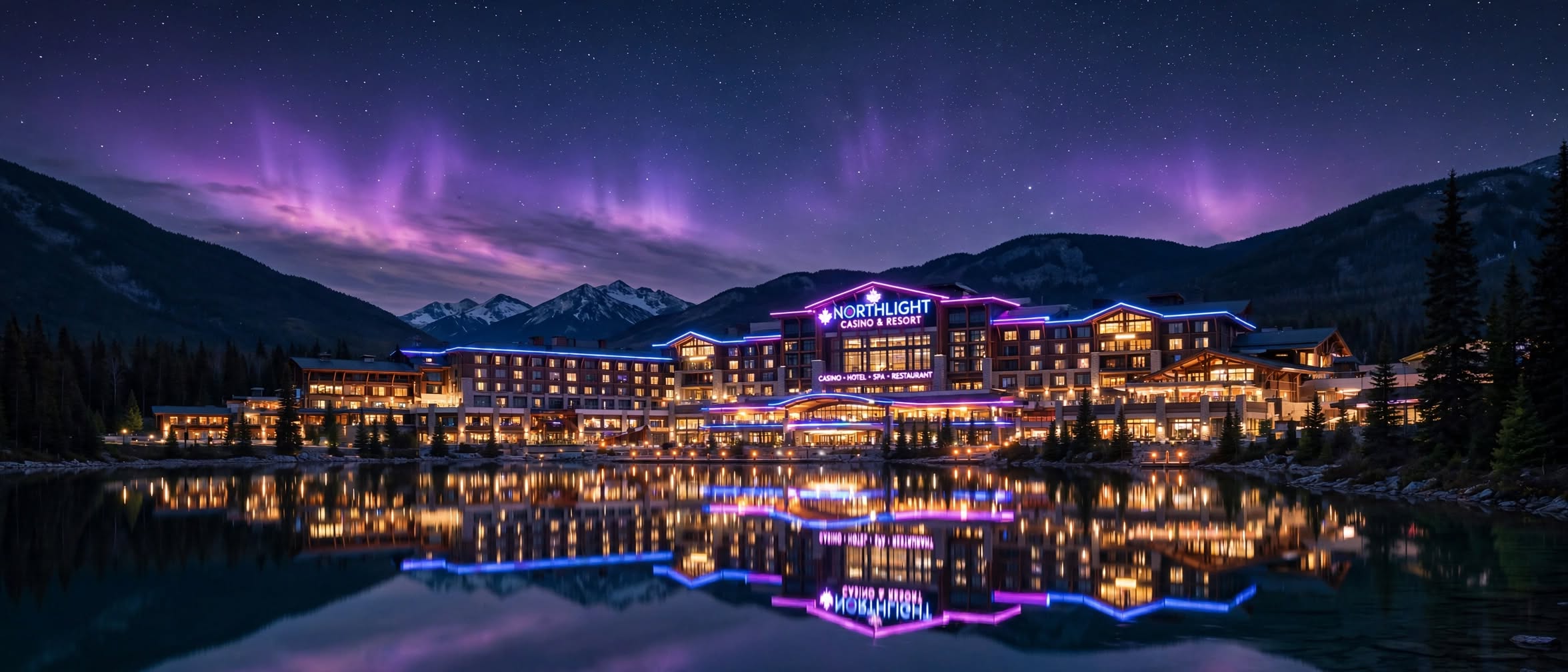 Panoramic night view of an illuminated Canadian casino hotel complex