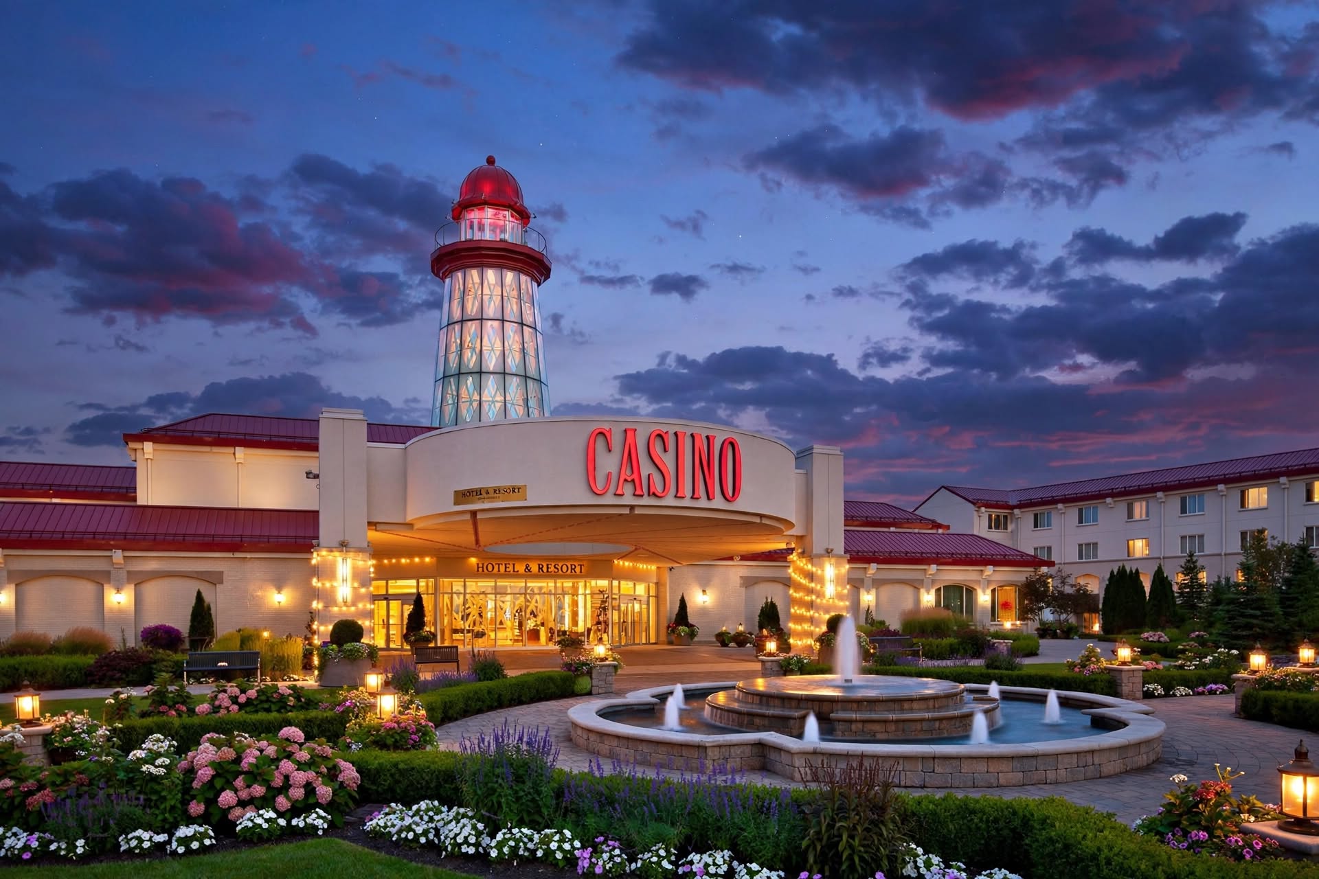 Casino New Brunswick resort exterior with coastal gardens and evening lighting