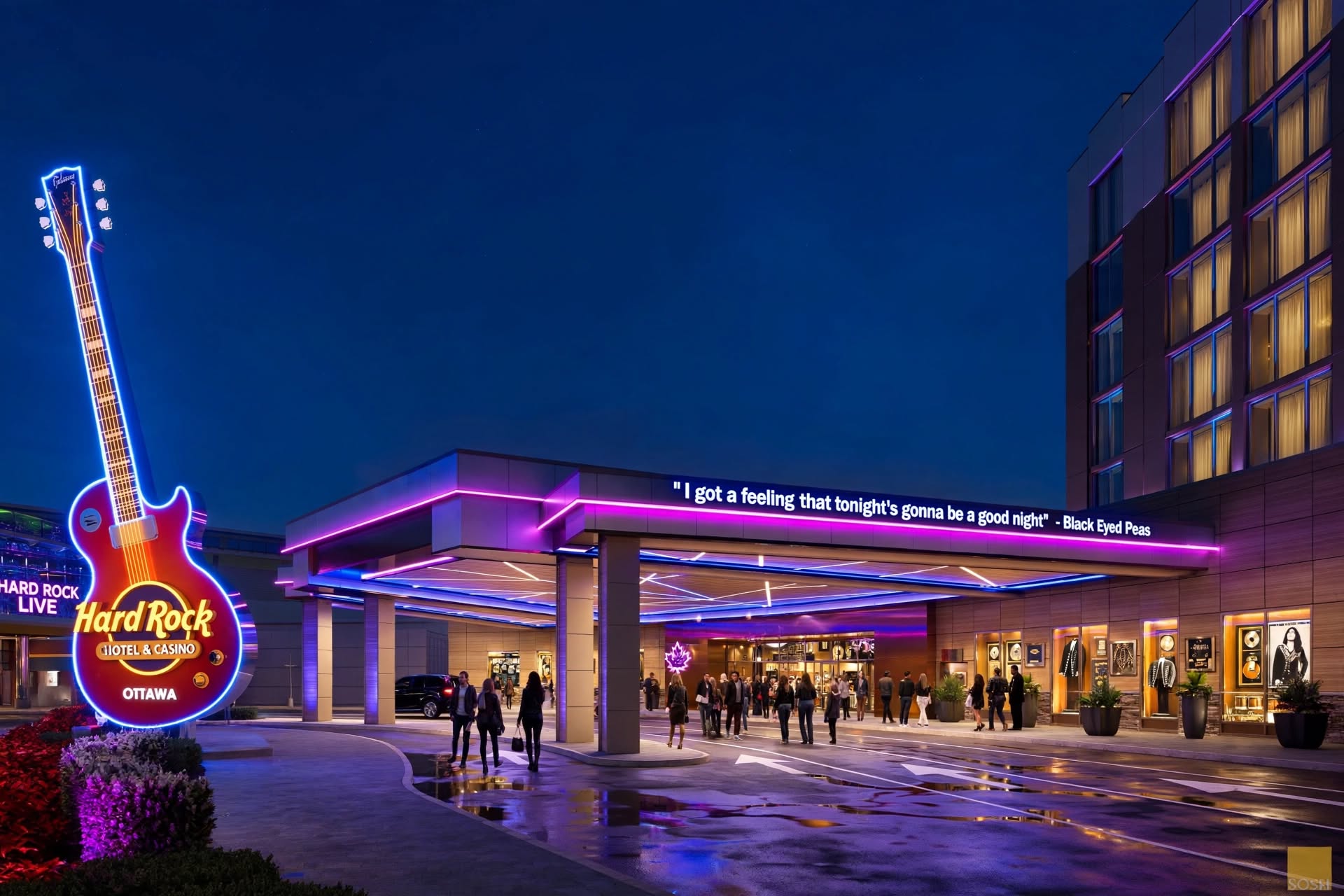 Hard Rock Casino Hotel Ottawa with modern electric night lighting