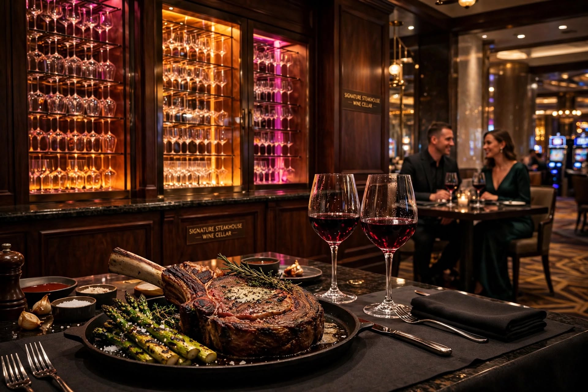 Upscale steakhouse table setting with wine glasses inside a casino hotel