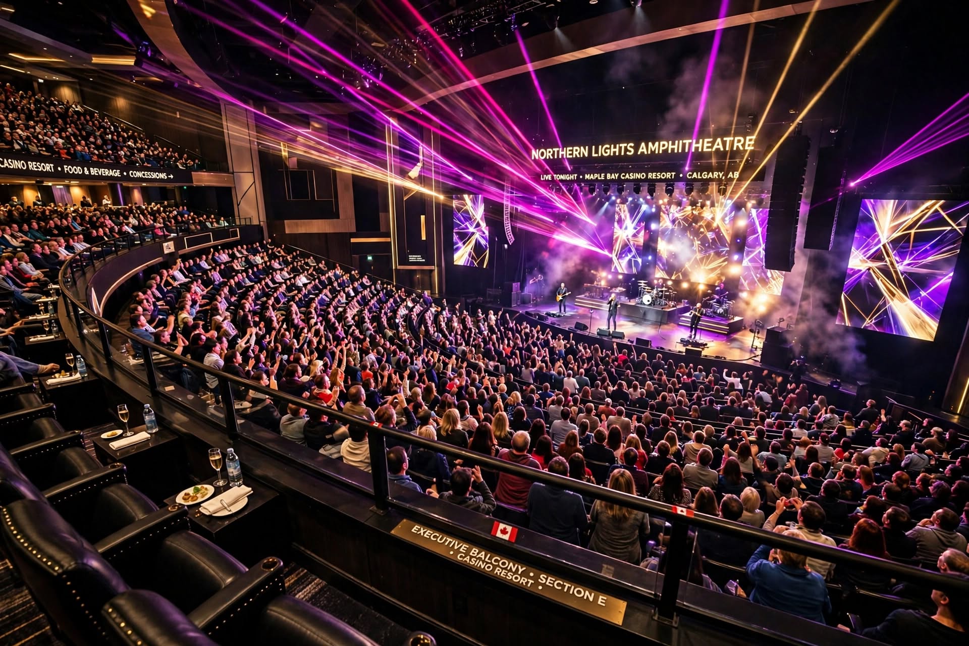 Concert amphitheater with laser light show and excited audience