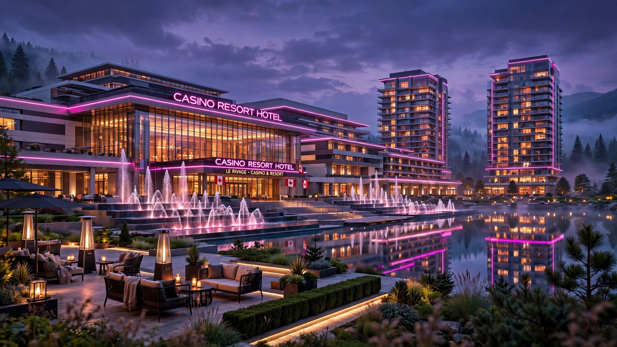 Luxurious Canadian casino resort at dusk with illuminated glass facade