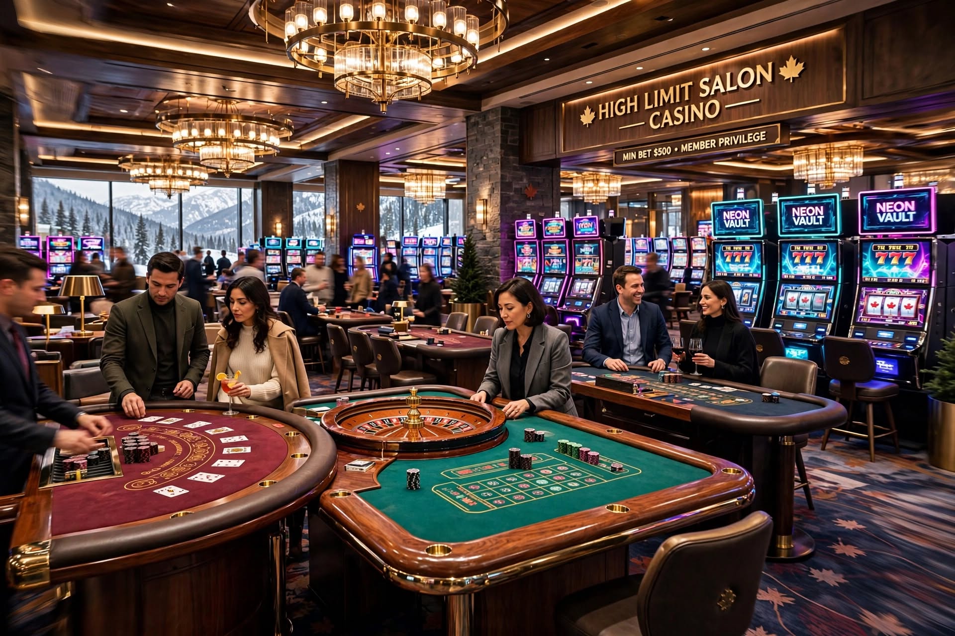 Expansive high-limit Canadian casino gaming floor with roulette and baccarat tables